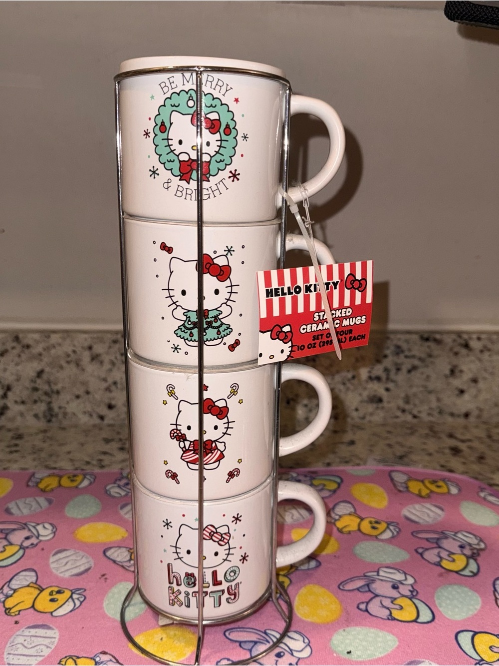 Hello Kitty White & Red Stacked Ceramic Mug Set with Metal Stand